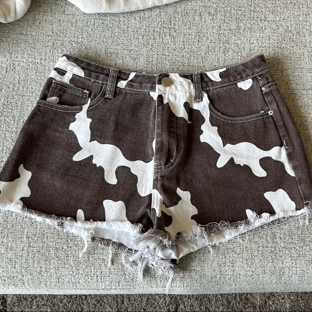 Brown Cow Print Denim High Waisted Shorts